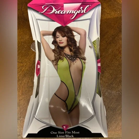 NIB Sexy Skimpy Dreamgirl Womens Fishnet Lime Green Zipper Halter Teddy Lingerie - Picture 3 of 4